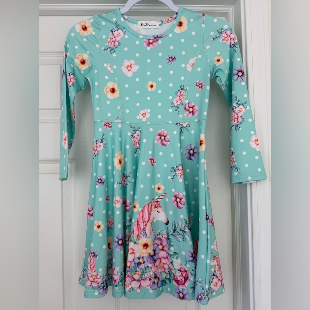 Floral Unicorn Kids Dress - Teal
